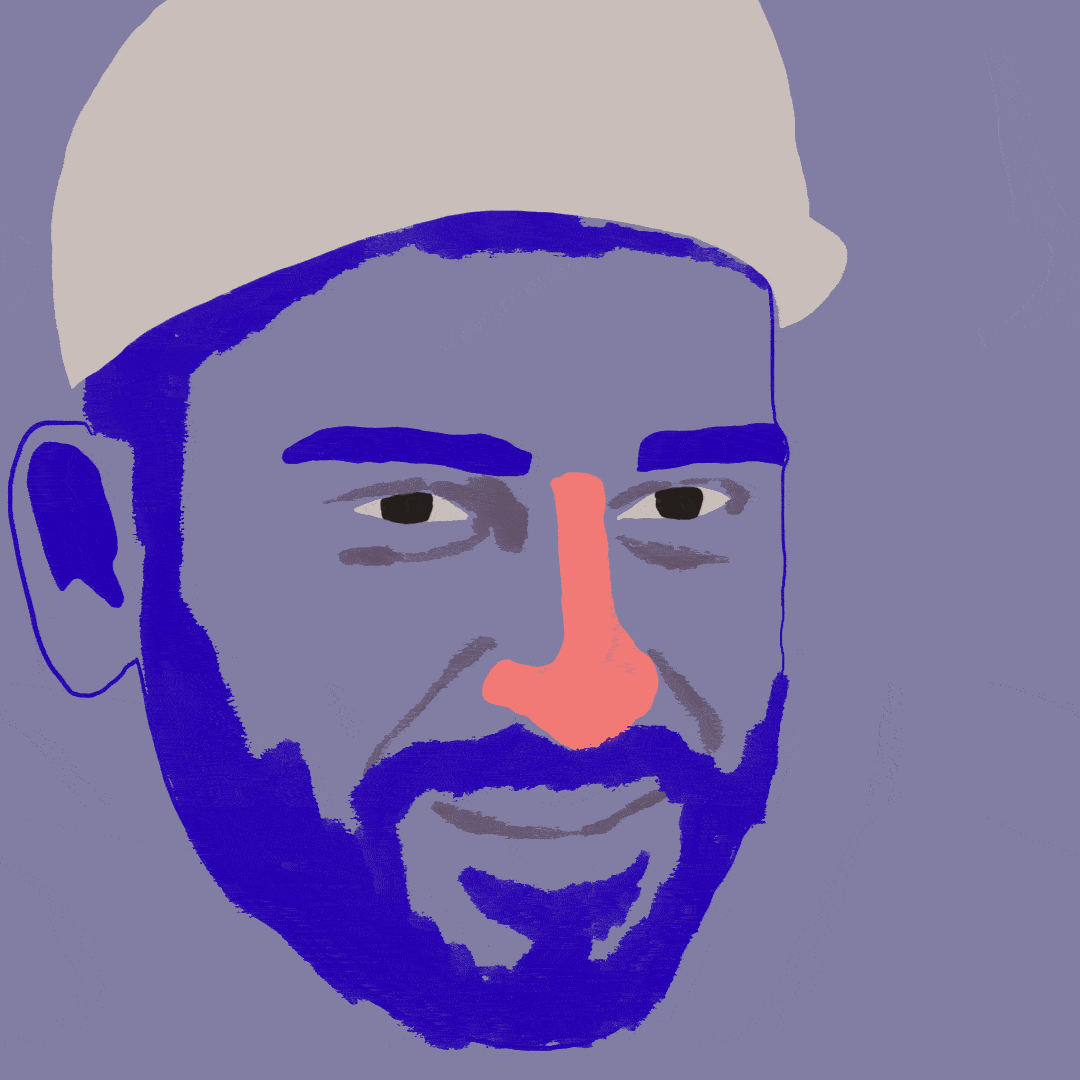 Animated portrait of Aaron in a pale beanie on a lavender background, with indigo beard and coral nose