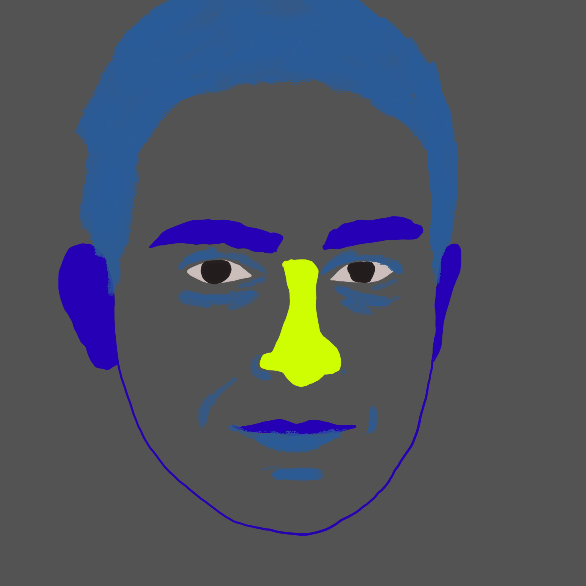 Portrait of Ahmed on a slate background, with chartreuse nose and indigo brows