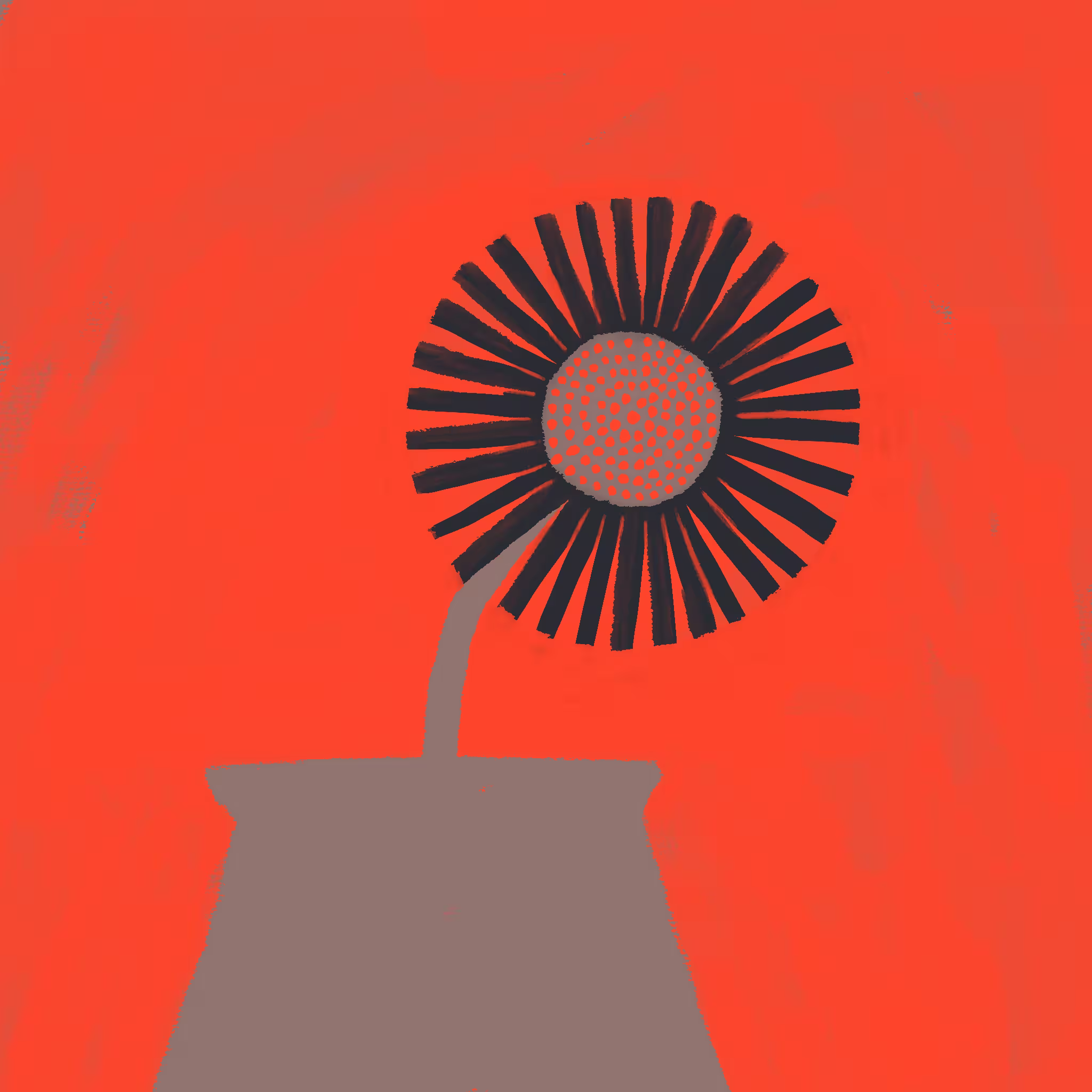 Single dark-rayed flower with a dotted centre rising from a small grey vase on a vivid red background