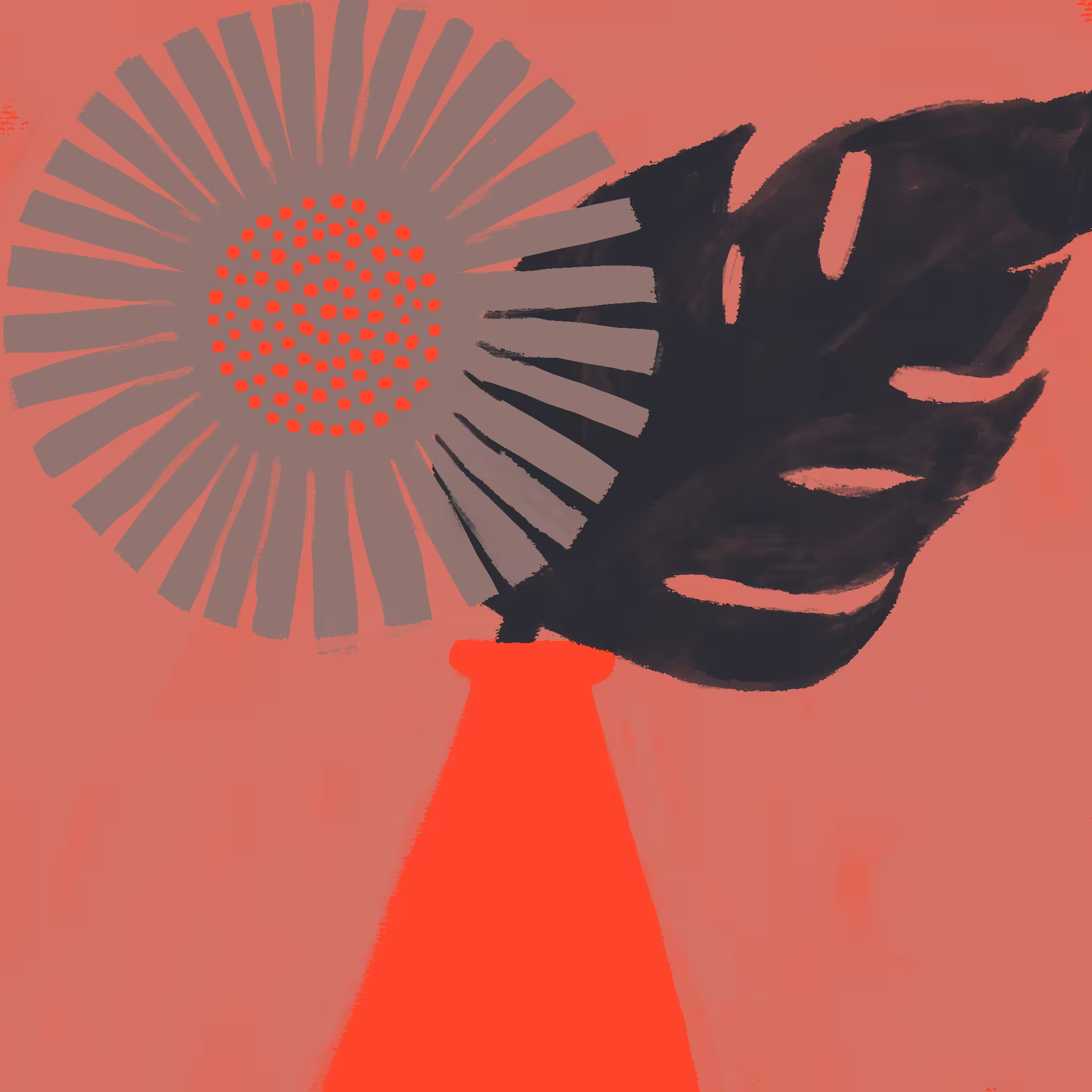 Tall red vase against a coral background with a grey rayed flower and a single dark monstera leaf rising from it
