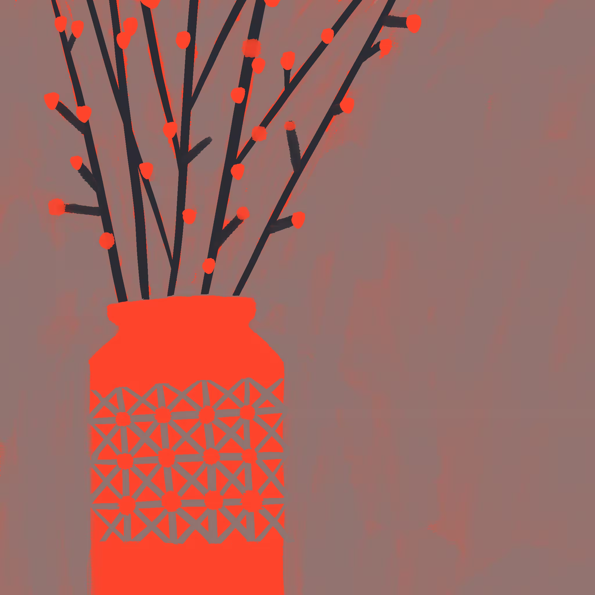Tall red lattice-patterned jar holding bare branches dotted with small red berries on a mauve background