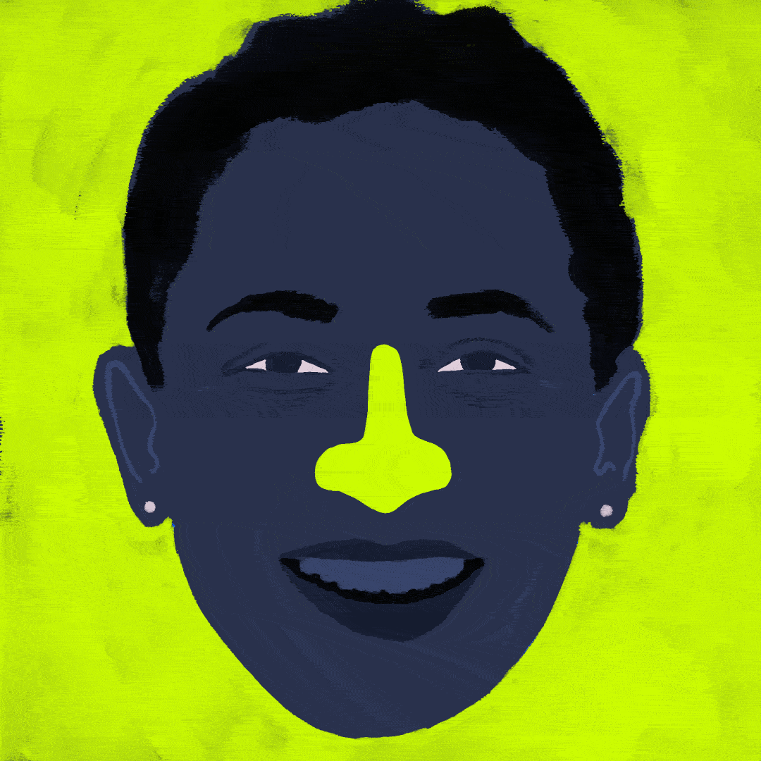 Animated portrait of Cara on a chartreuse background, with indigo skin and chartreuse nose