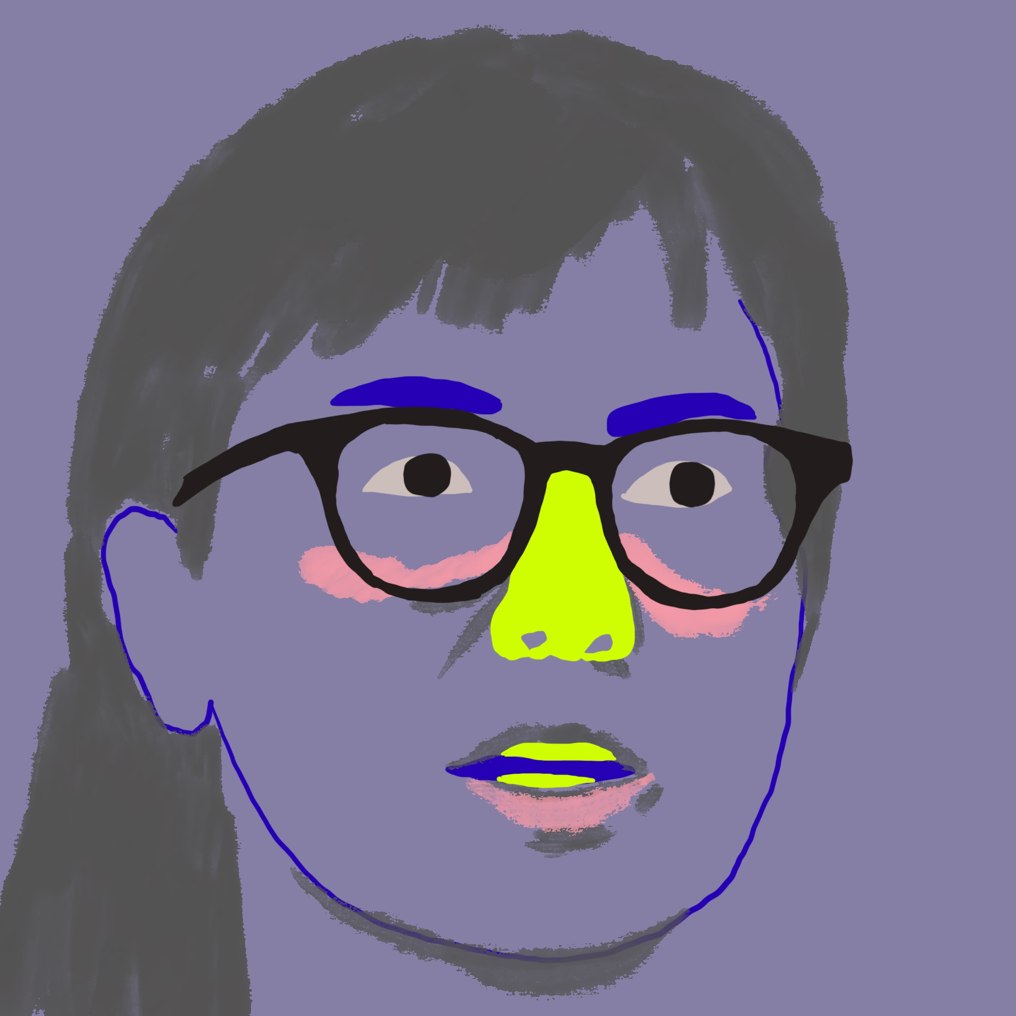 Portrait of Christine in glasses on a lavender background, with chartreuse nose and pink cheeks