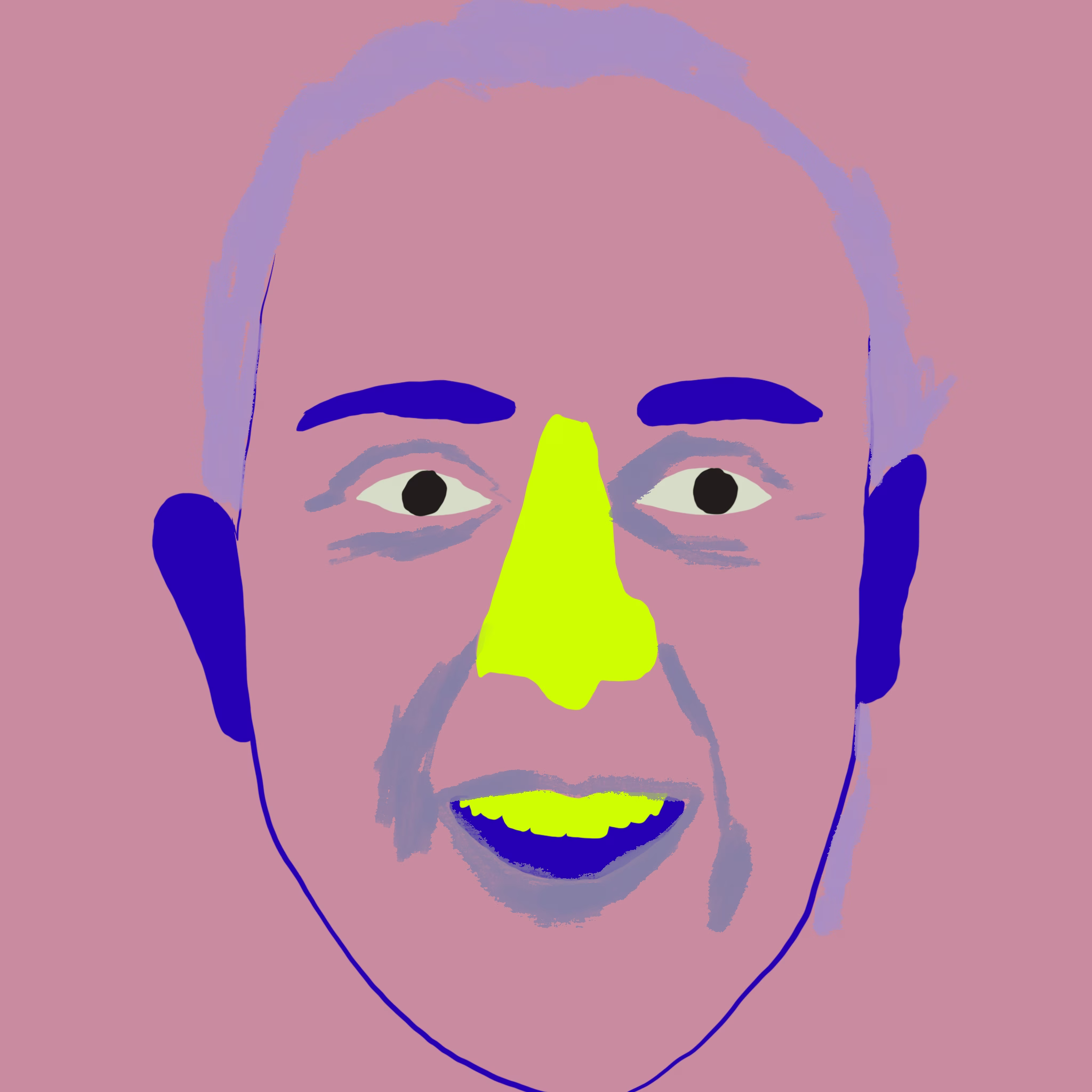 Portrait of Davey on a dusky pink background, with chartreuse nose and indigo brows
