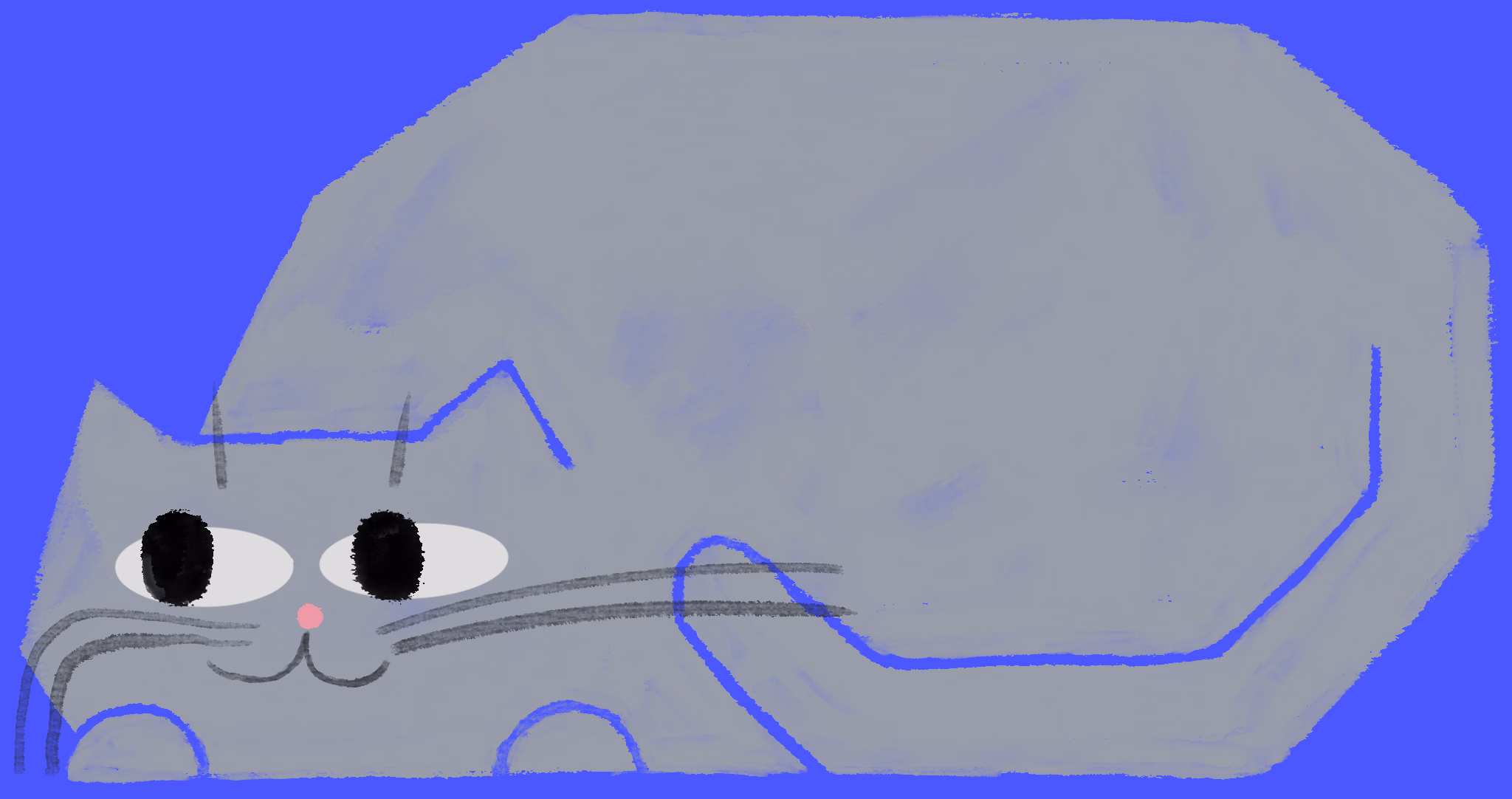 Chunky grey cat lying down on an indigo background, small face on the left with big black eyes and a pink nose