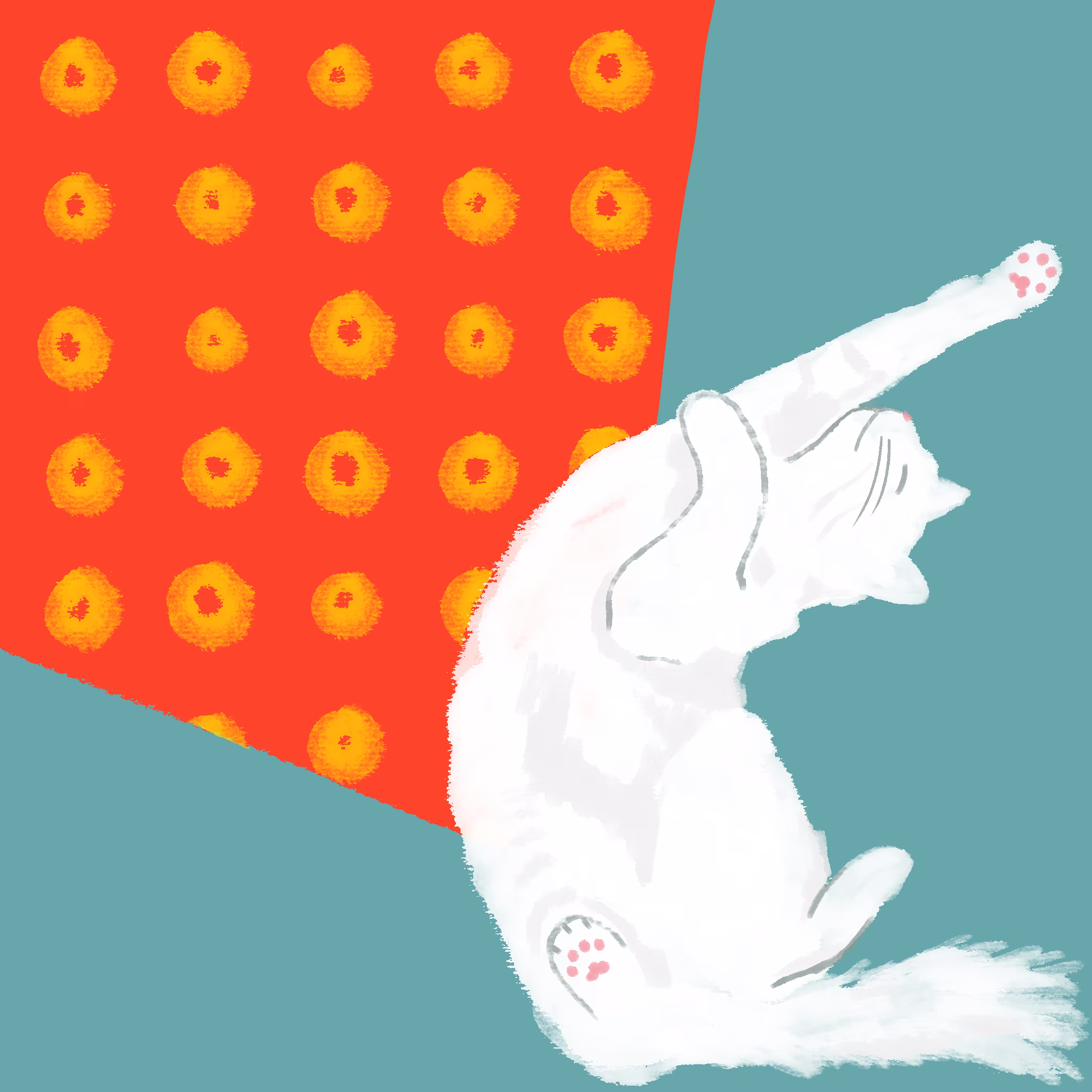 White cat lying upside-down on a teal background beside a red cushion patterned with orange pom-poms, paw raised in the air