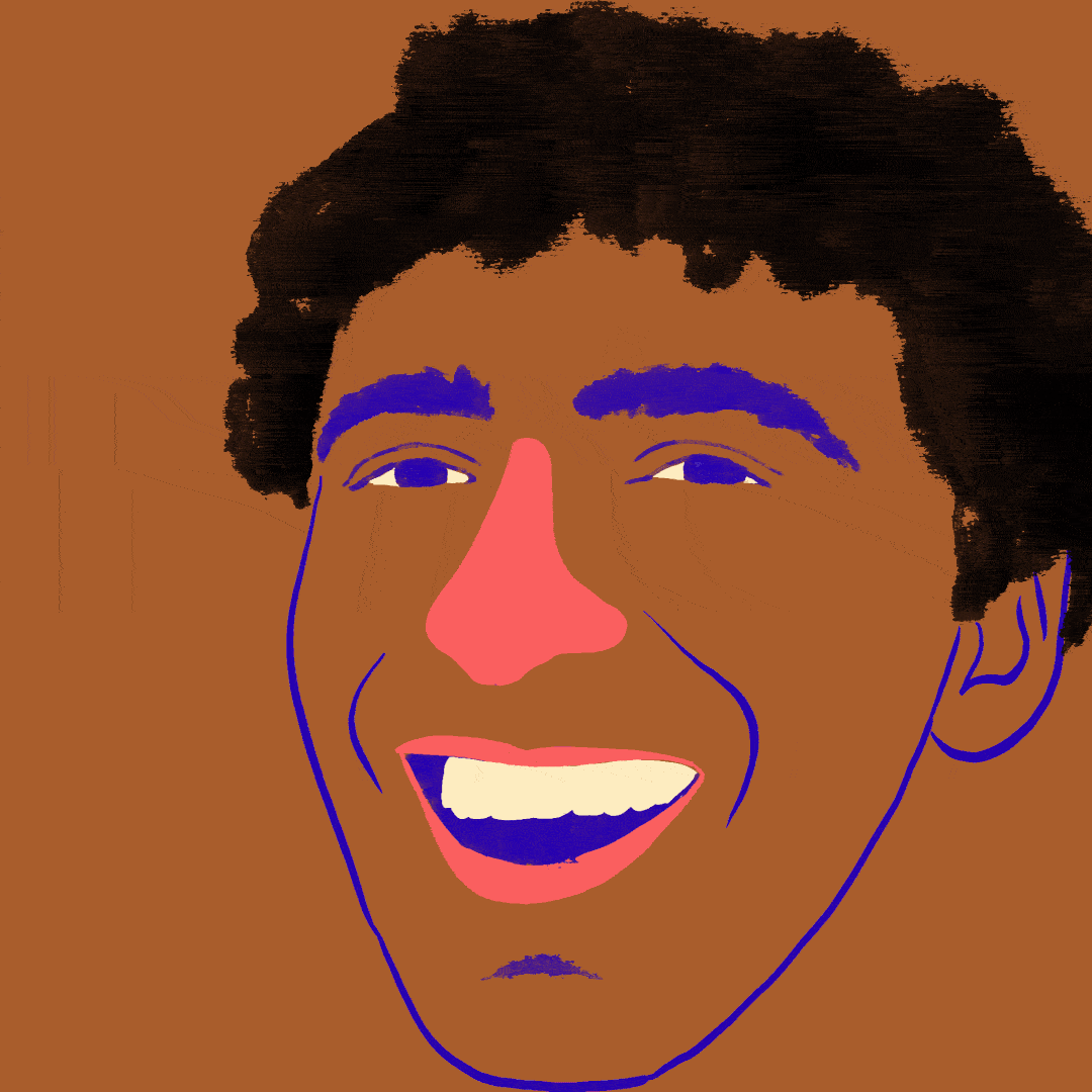 Animated portrait of Florian on a terracotta background, with coral nose and indigo brows