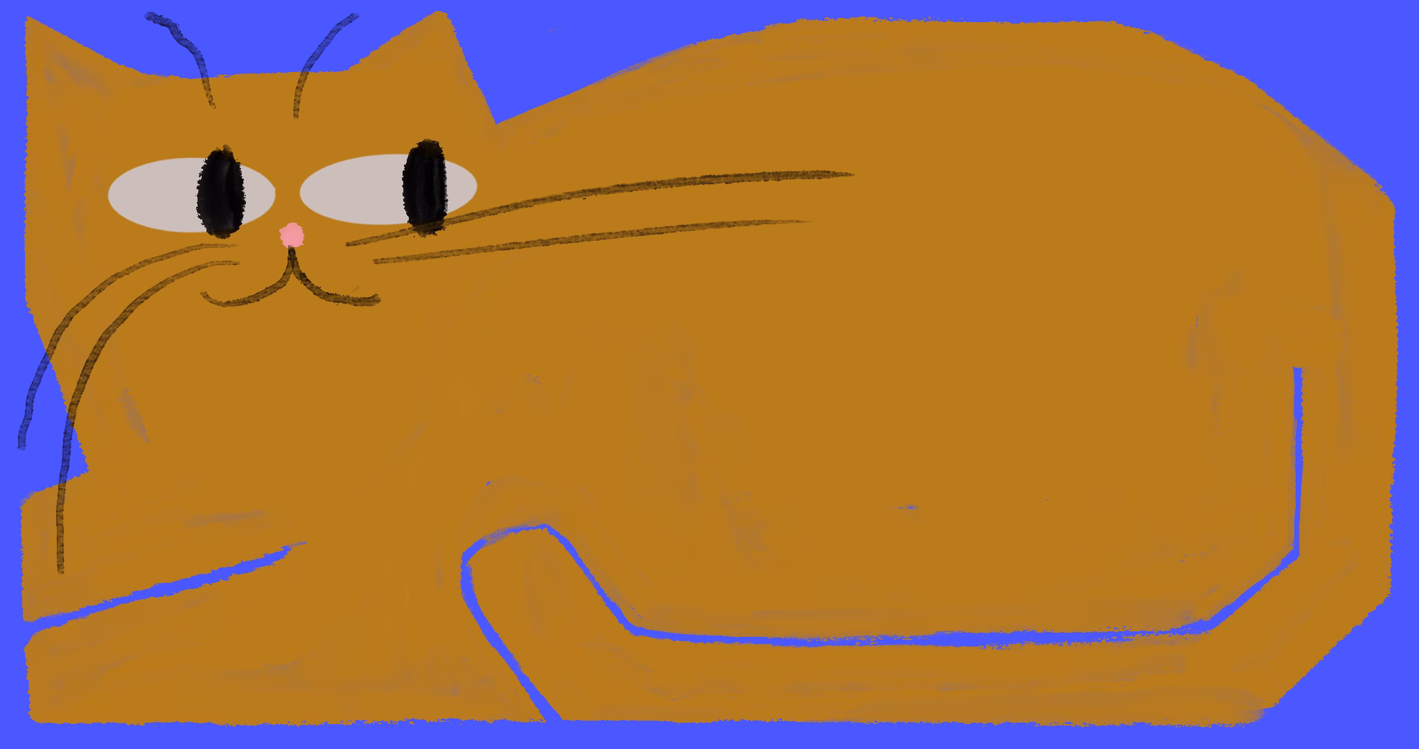 Large ginger cat lying down on an indigo background, with long whiskers and a small pink nose