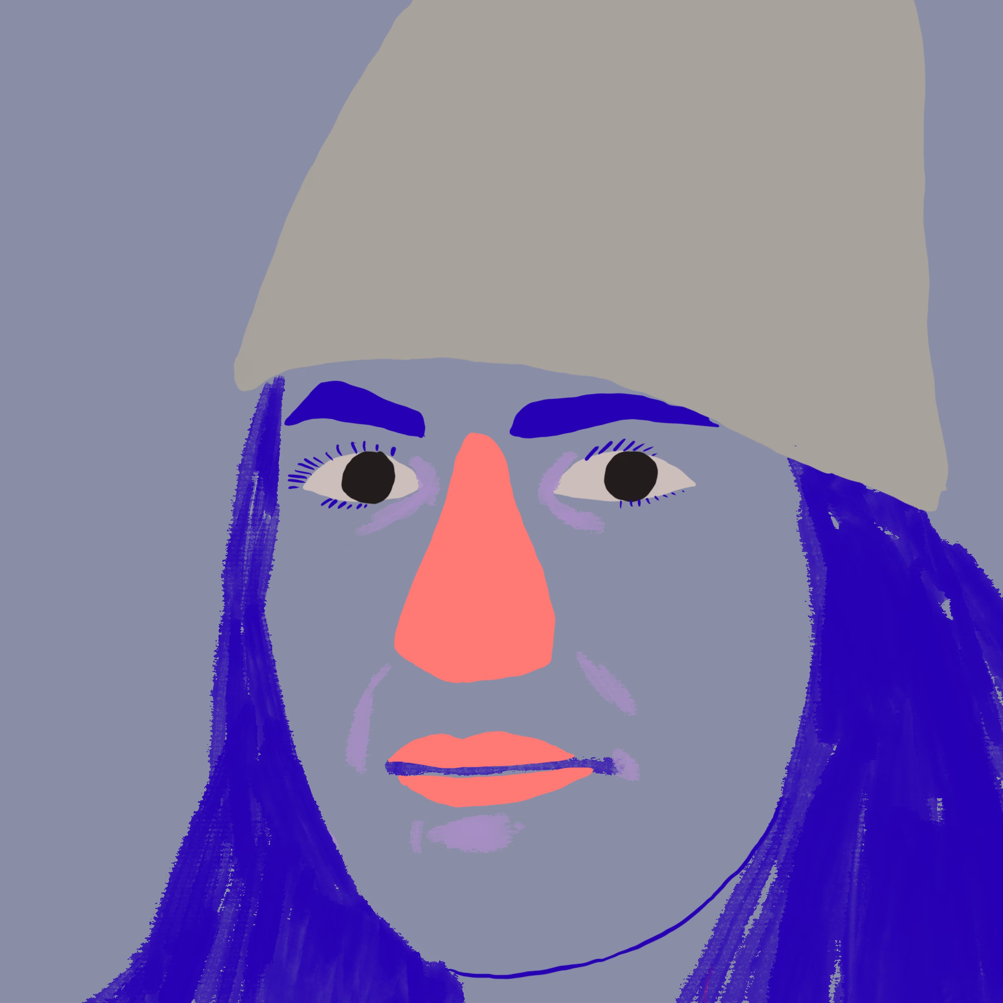 Portrait of Isobel in a pale beanie on a slate background, with coral nose and indigo hair