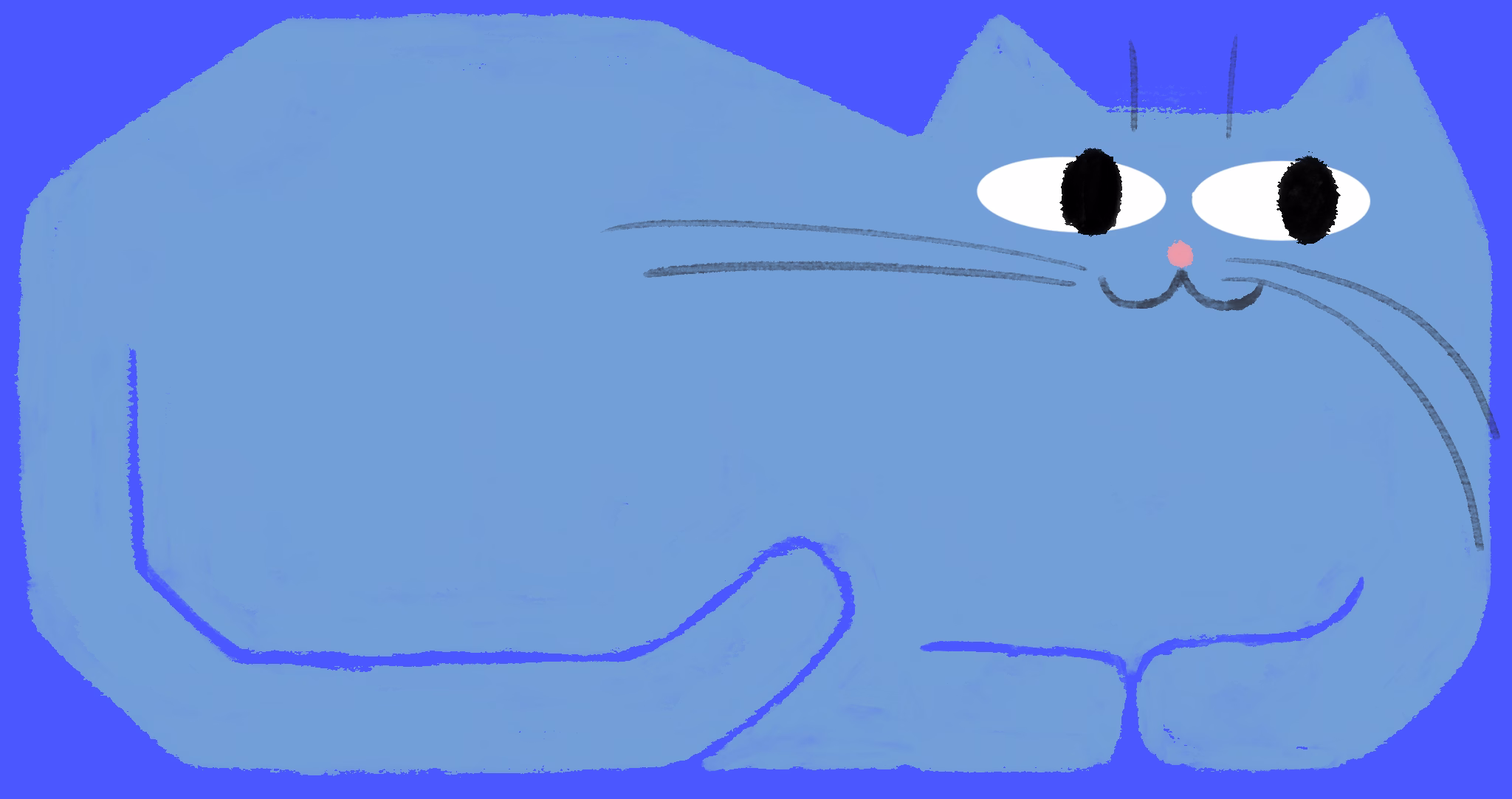 Blue cat lying down on an indigo background, face on the right with a small pink nose and long whiskers