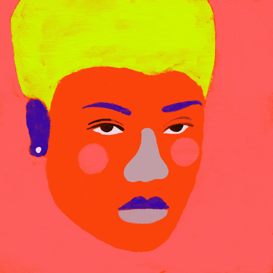 Animated portrait of Jess with chartreuse-yellow hair on a coral background, with indigo brows and lips
