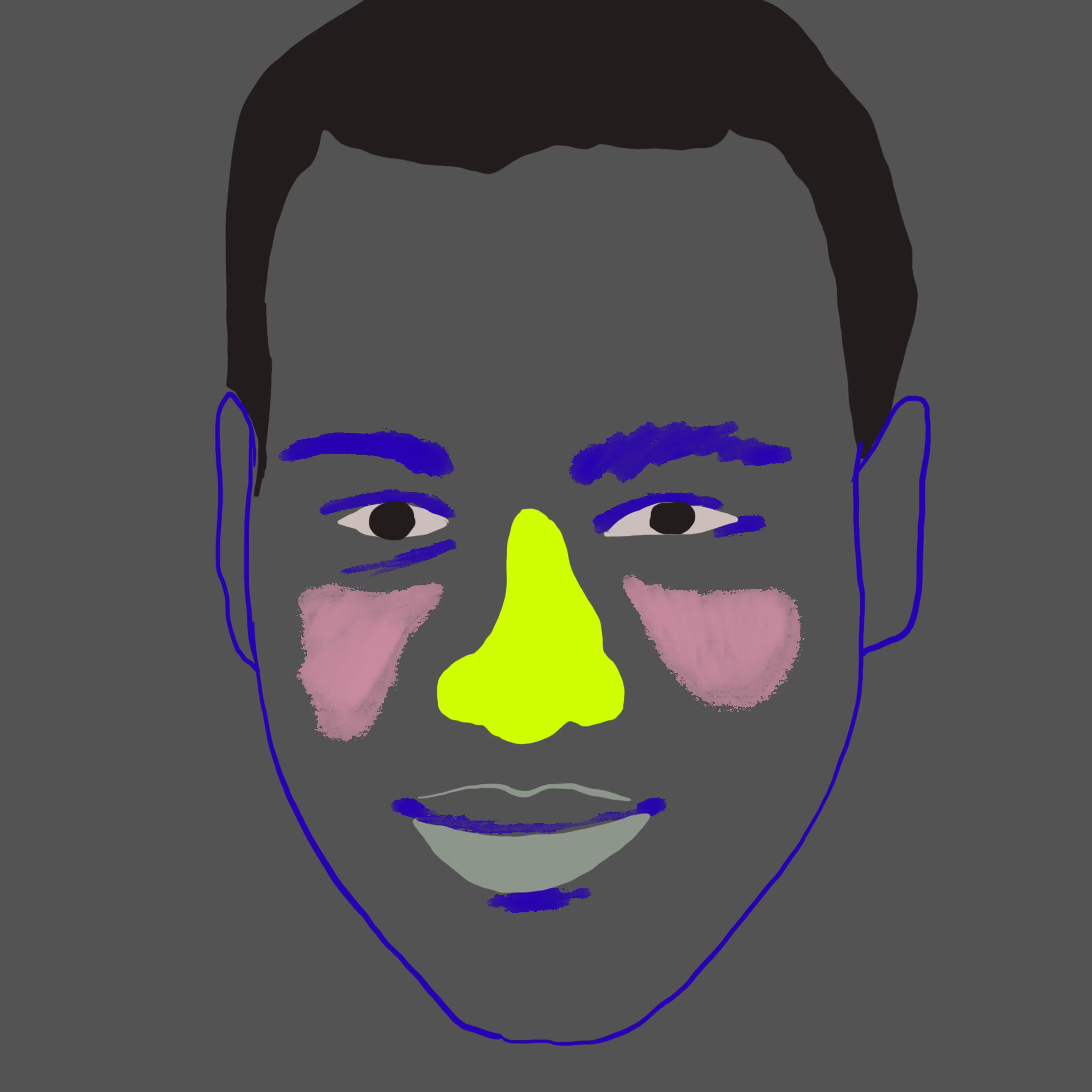 Portrait of Kingsley on a slate background, with chartreuse nose and pink cheeks