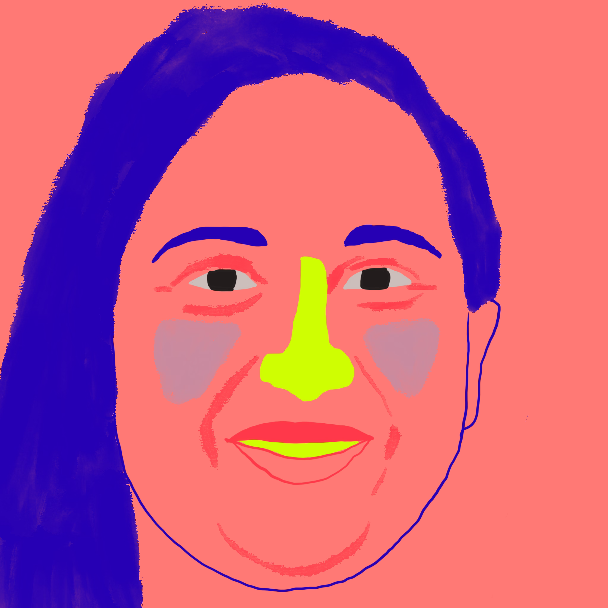 Portrait of Moira on a coral background, with chartreuse nose and indigo hair