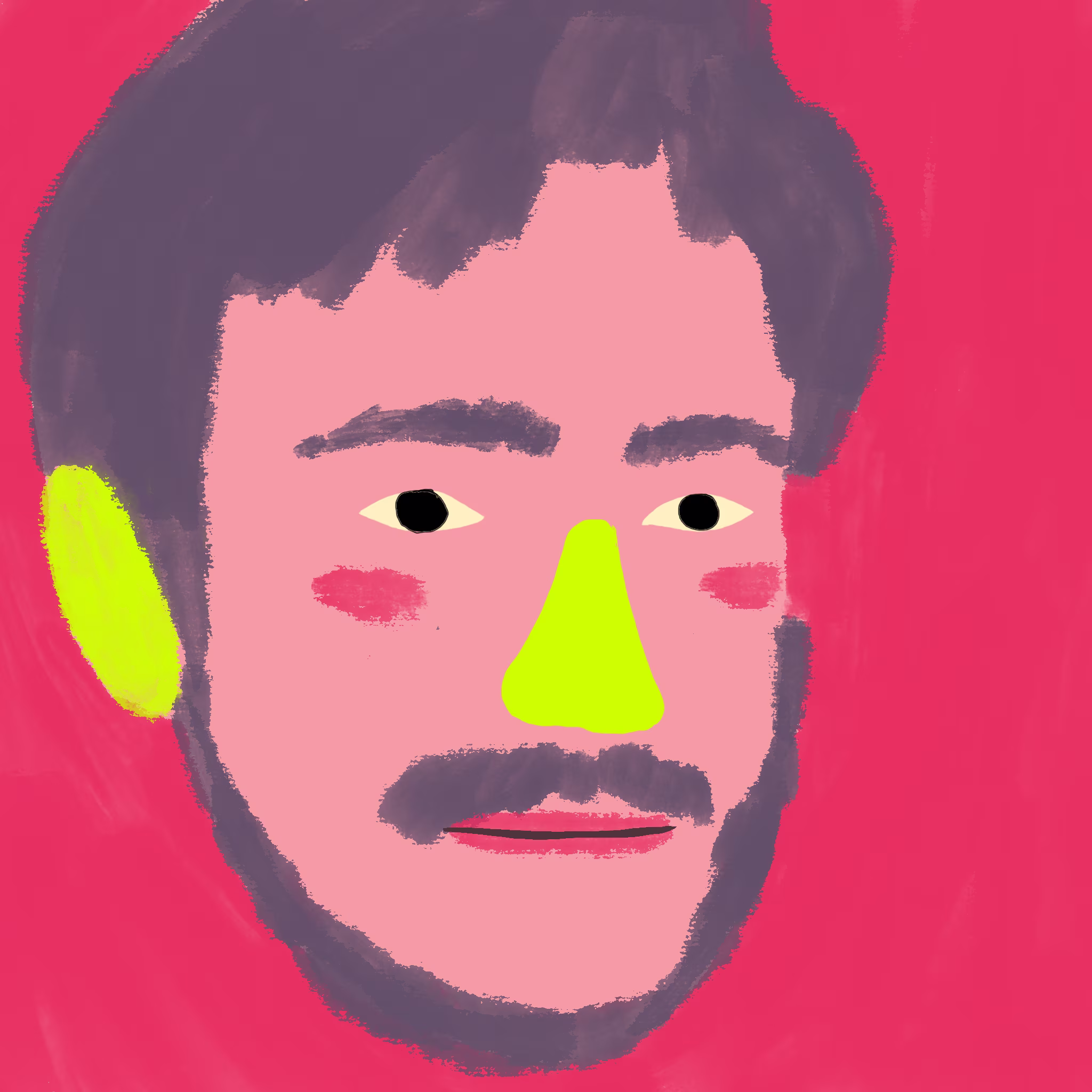 Portrait of Nathan with a moustache on a crimson background, with a chartreuse nose and ear