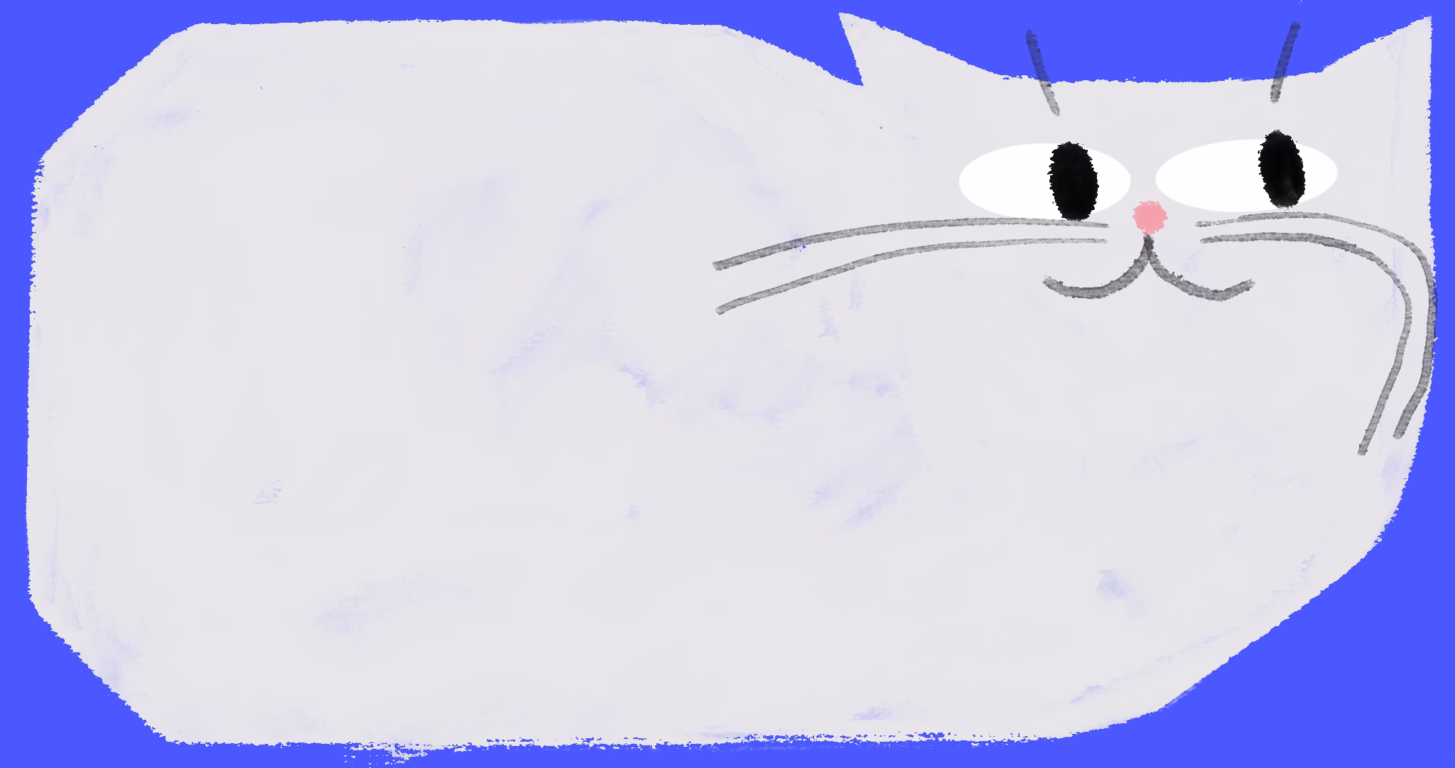 Pale white cat lying down on an indigo background, face on the right with a pink nose and long whiskers