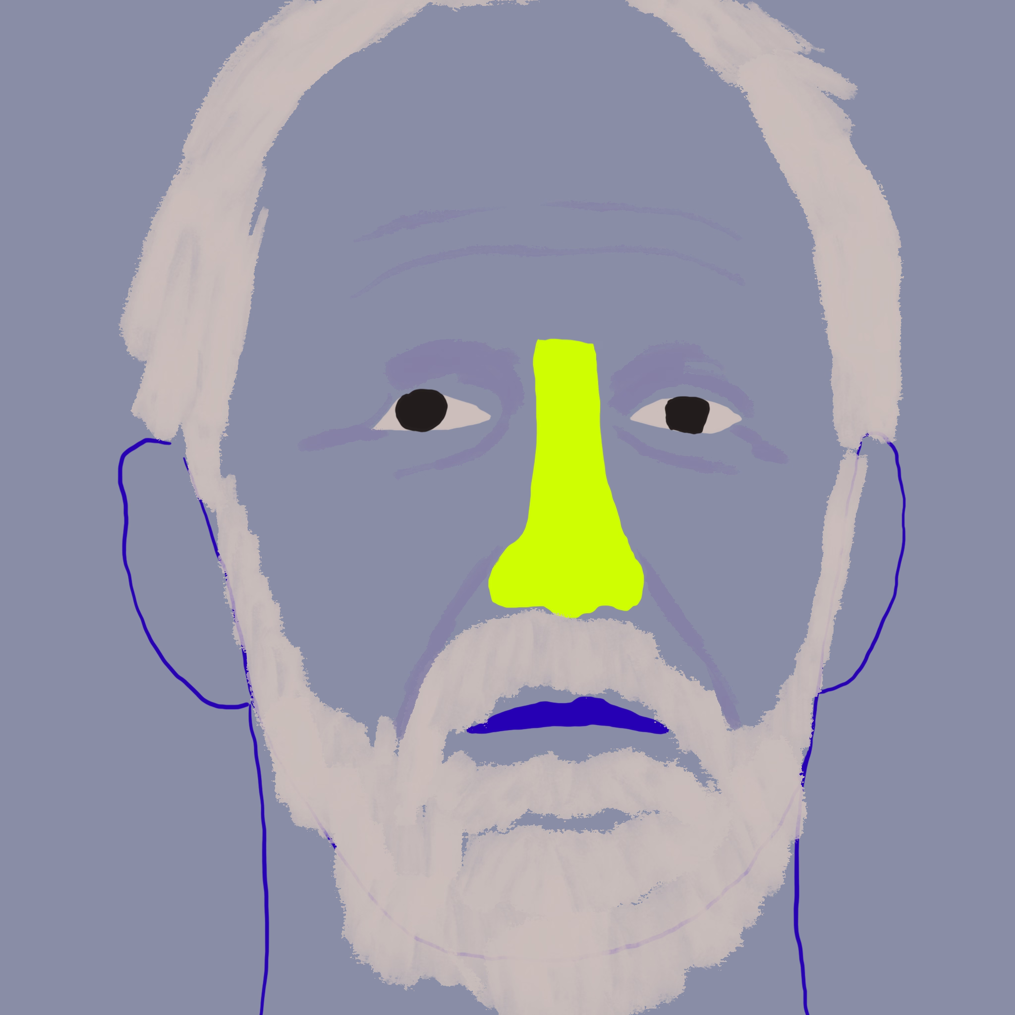 Portrait of Robert with a grey beard on a slate background, with chartreuse nose