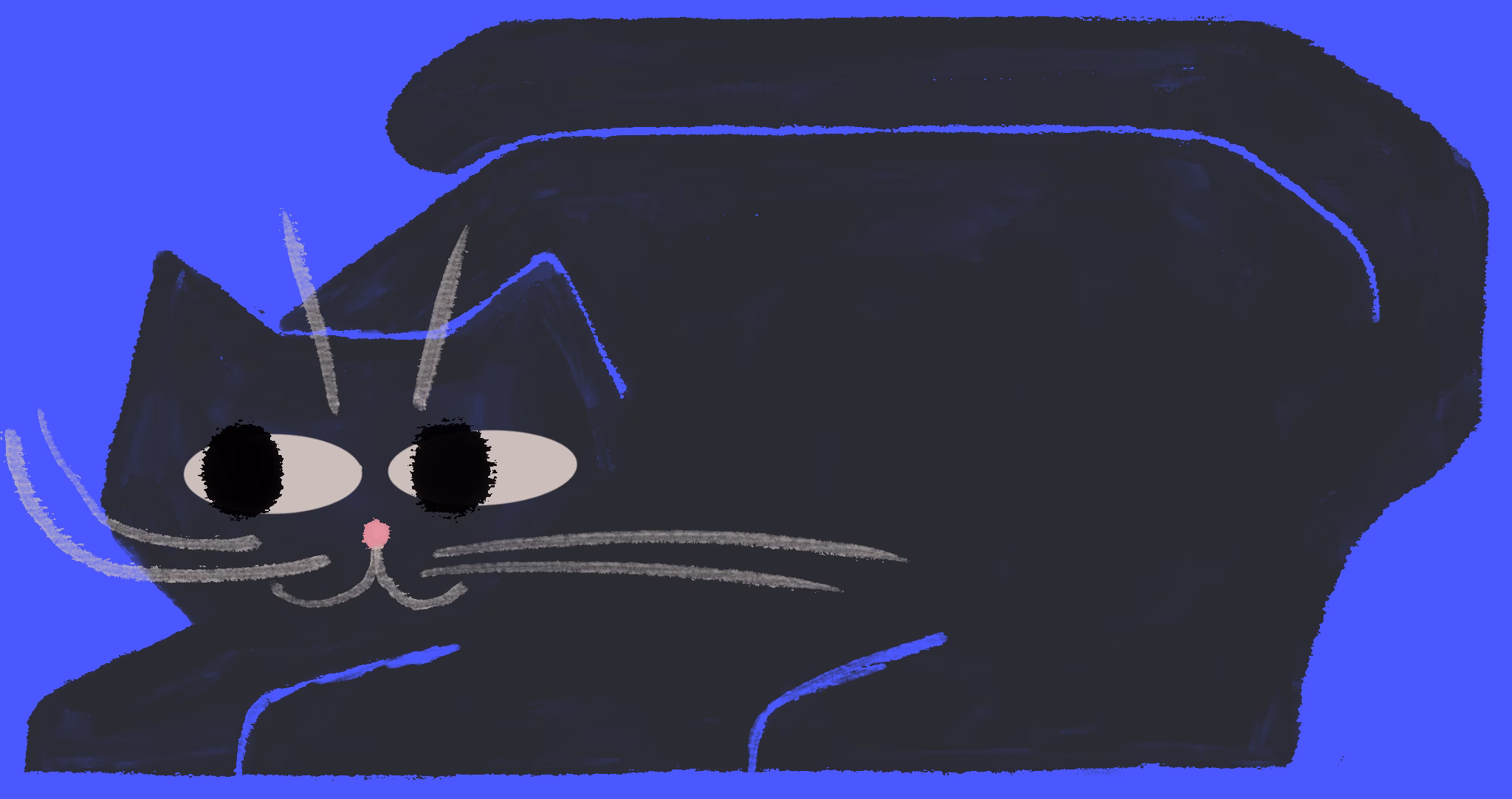 Black cat lying down on an indigo background, with grey whiskers, pale eyes and a small pink nose