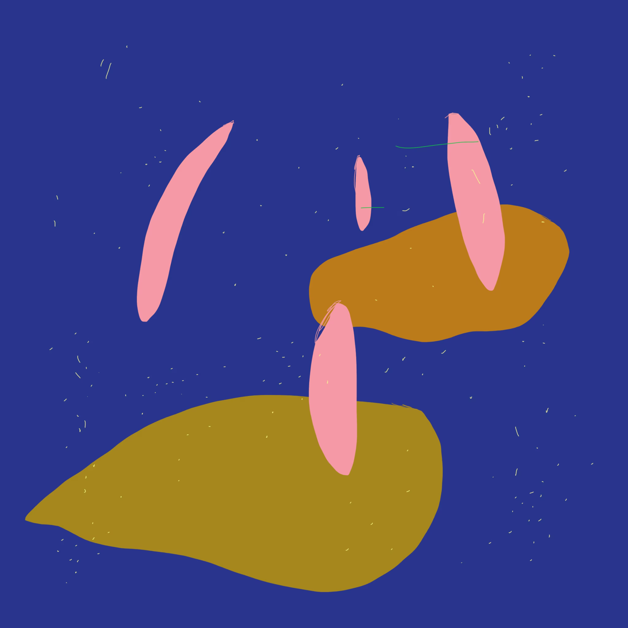 Pink and olive blobs on blue pattern