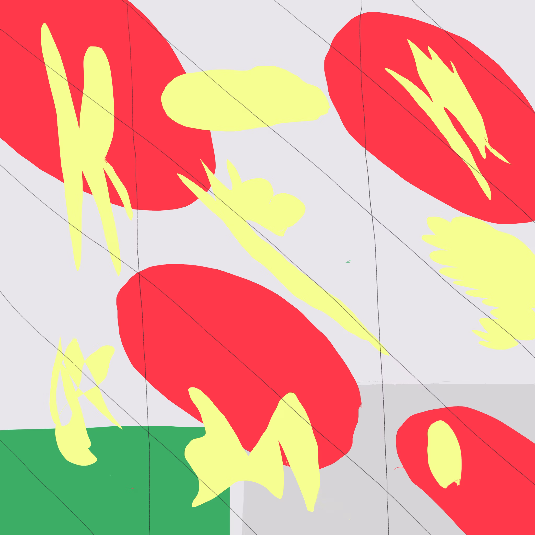 Red blooms with yellow scribble pattern