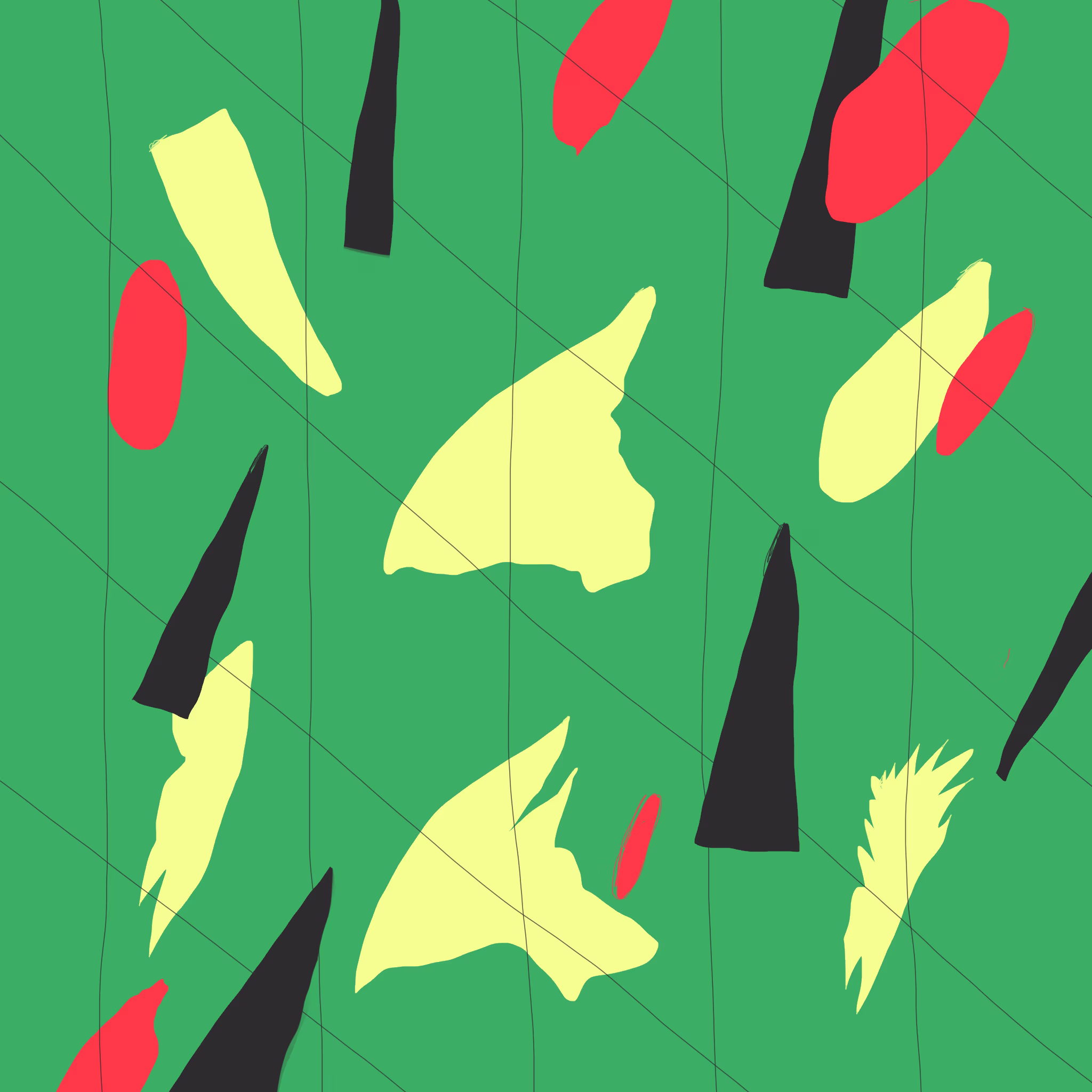 Yellow and black confetti on green pattern